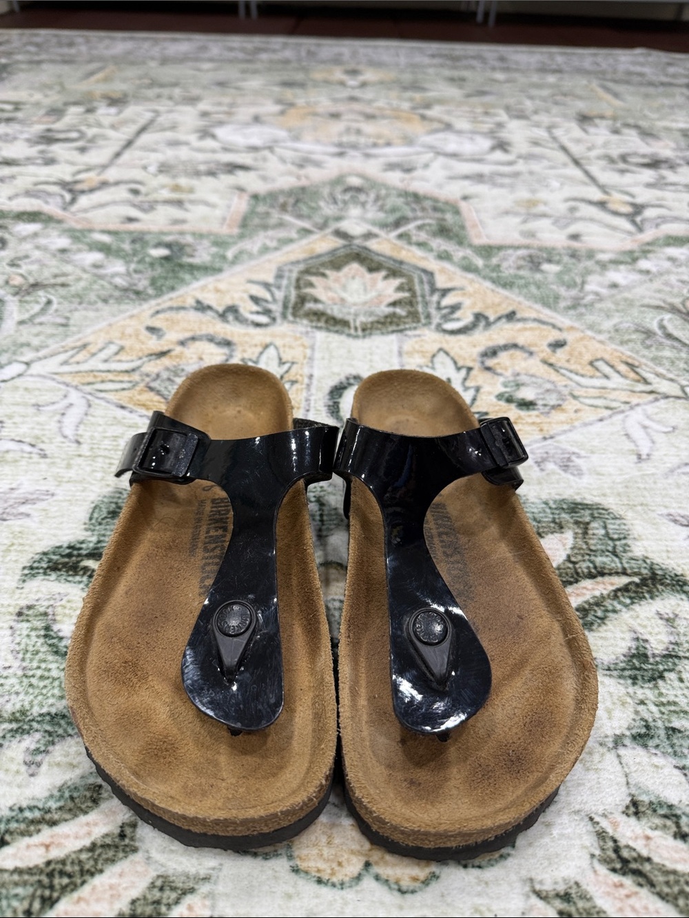 Birkenstock Black Patent T-Strap Thong Sandals
